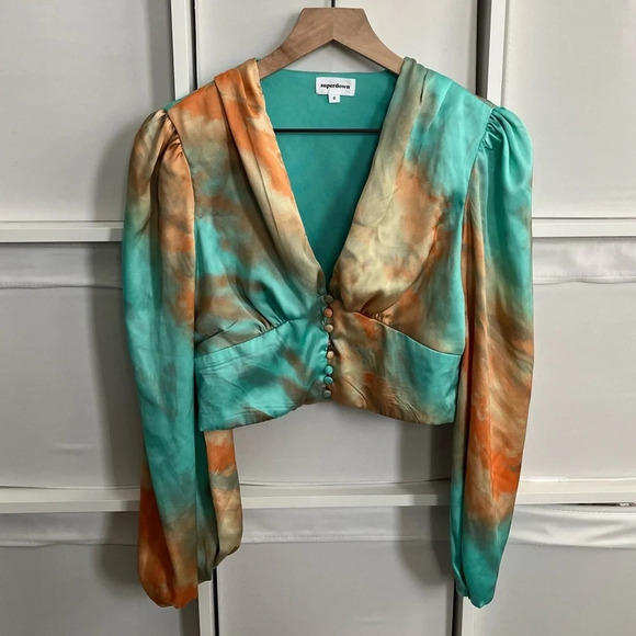 Superdown Revolve Eleen Blouson Top in Teal Multi - Picture 4 of 6